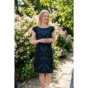 Monsoon Womens Black Embroidered Sequin Sheath Dress Blue Floral SZ 12 Office